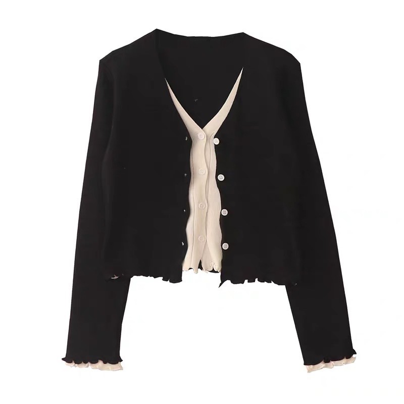 Áo len dáng ngắn 2 tà trắng - đen DF170