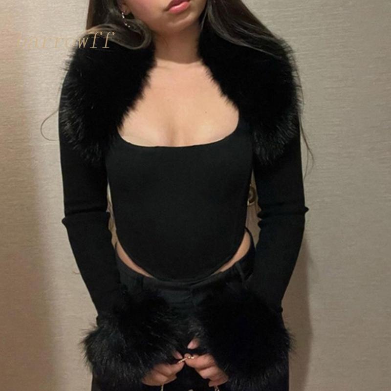 Áo Croptop Dệt Kim Tay Dài Cổ Phối Lông Màu Đen Thời Trang Thu Đông Quyến Rũ Cho Nữ