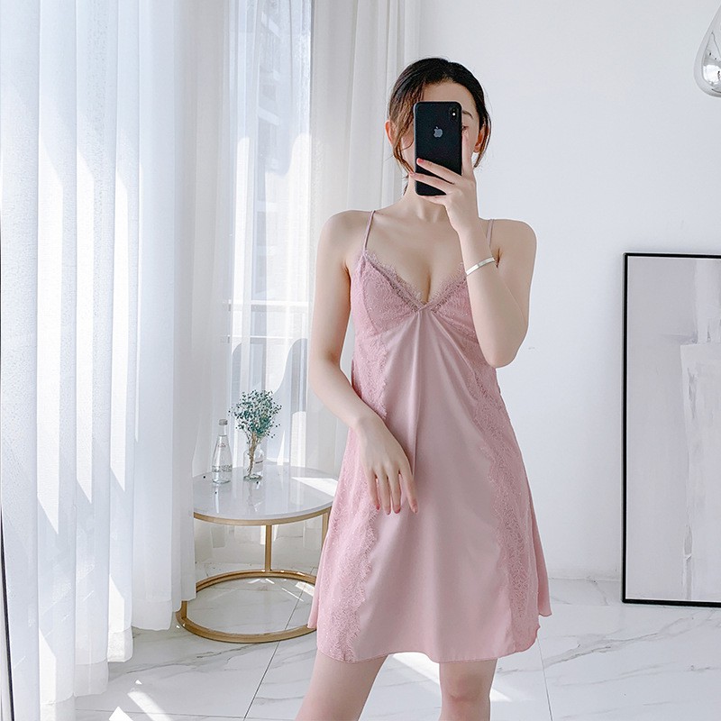 Đầm ngủ hai dây cổ chữ V phối ren mẫu 2020 thời trang mùa hè quyến rũ dành cho nữ