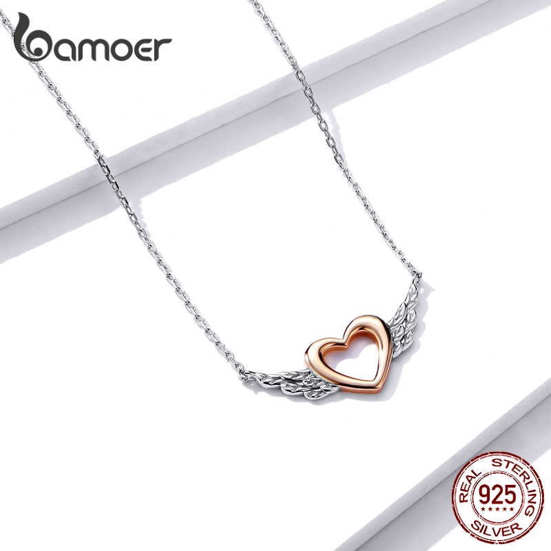 BAMOER Vòng cổ Bạc 925 Mặt Trái Tim Và Đôi Cánh Thời Trang Cho Nữ BSN162