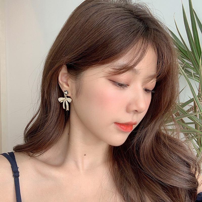 Bông Tai Hình Nơ Đính Ngọc Trai Màu Đen Phong Cách Hàn Quốc Dành Cho Nữ