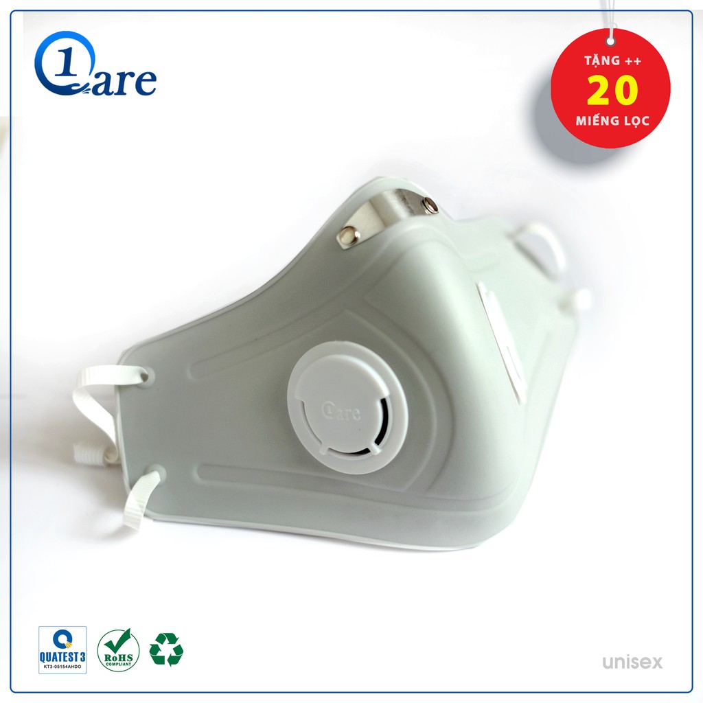 Khẩu trang nhựa đa năng 1Care Pro lọc bụi mịn PM5.0, kháng nước chống nắng 100%. Khẩu trang nhựa màu xám khói