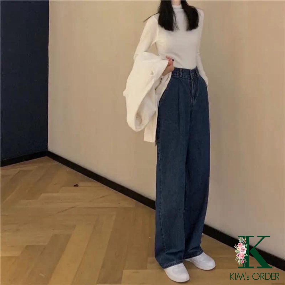 Quần jean nữ xanh đậm ống suông lưng cao phong cách Ulzzang Hàn Quốc thời trang chất liệu denim đi làm đi học đi chơi