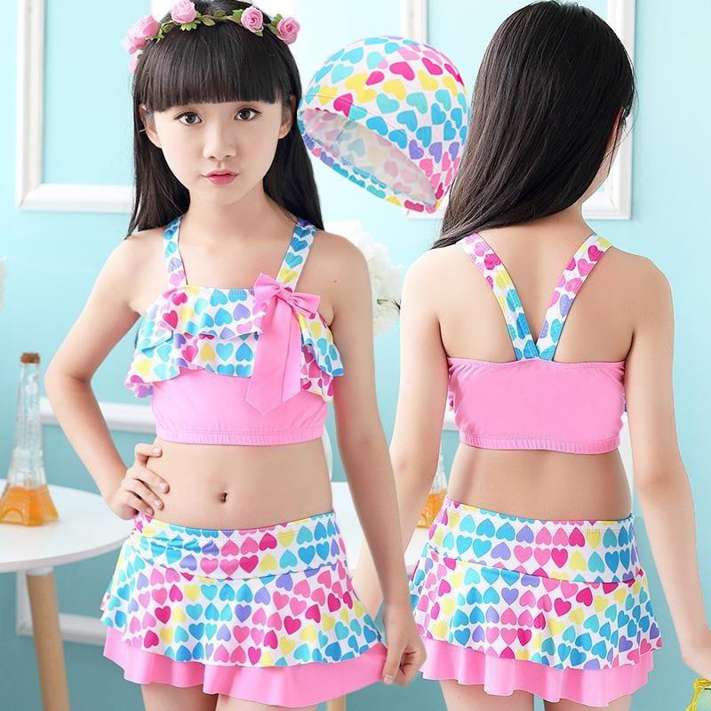 (BUU DINH) BỘ ĐỒ BƠI BÉ GÁI TRÁI TIM, CHÂN VÁY RỜI SIÊU CƯNG, THUN POLY MỀM MẠI, KÈM NÓN VẢI