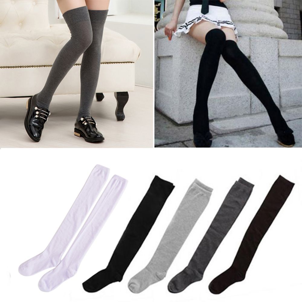 Tất cotton dài qua đầu gối 5 màu trơn tùy chọn thời trang cho nữ