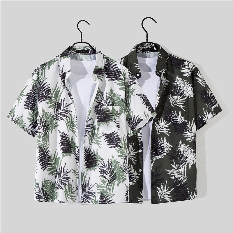 Bộ đồ gồm áo sơ mi tay ngắn + quần short chất lượng cao in họa tiết lá cây thời trang Hàn Quốc cho nam
