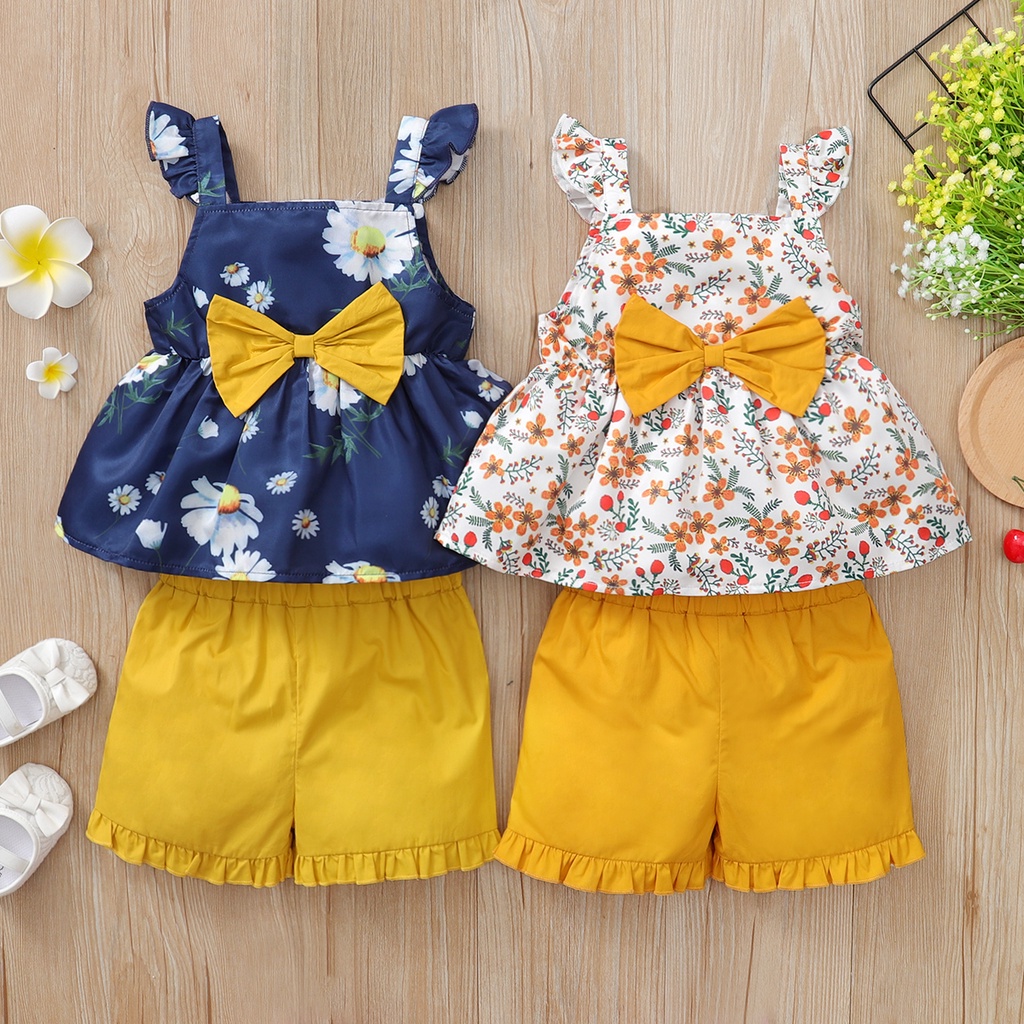 Set áo tay cánh tiên họa tiết hoa + quần ngắn dễ thương MIKRDOO thời trang mùa hè dành cho bé gái