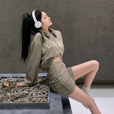 Bộ Áo Sweater Tay Dài Khóa Kéo Nửa In Chữ + Chân Váy Lưng Cao Thời Trang Mùa Thu Phong Cách Hàn Quốc Cho Nữ