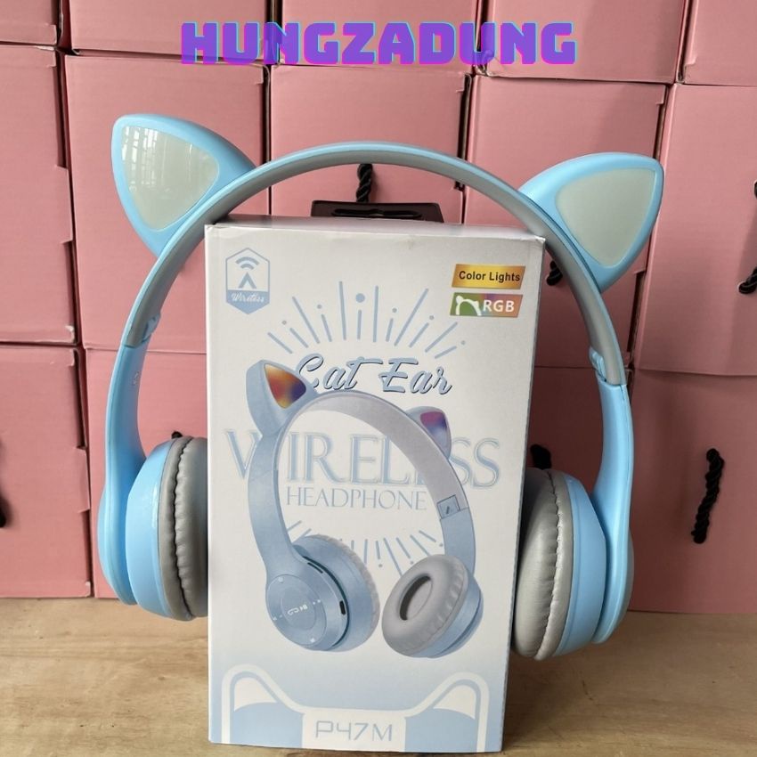 Tai Nghe Bluetooth Phát Sáng,Tai Nghe ChụpTai Mèo Có Mích P47M Giành cho Laptop,PC,Điện Thoại HUNGZADUNG