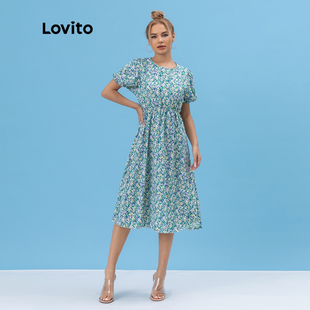 Đầm Lovito in hoa tay phồng L06052 (màu xanh dương) | BigBuy360 - bigbuy360.vn