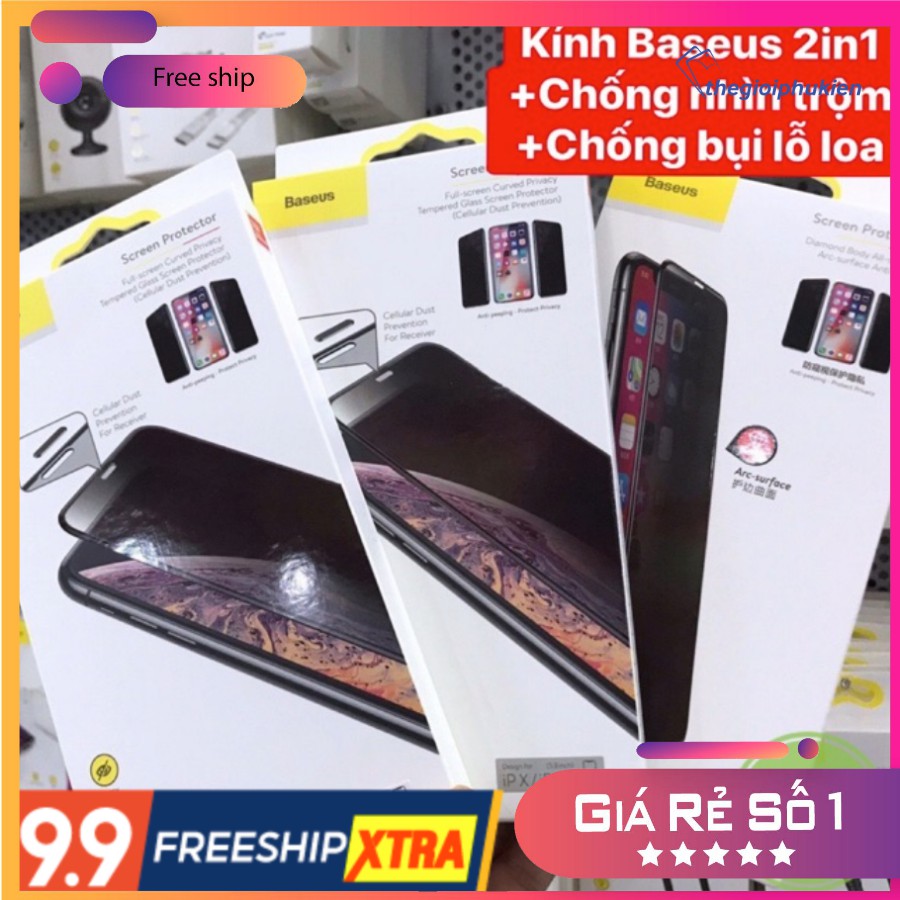 Kính cường lực Chính hãng Baseus chống nhìn trộm + có màng loa choIphone 13/Pro/Max, 12/Pro/Max, 11/Pro/Max, XS Max, XS,