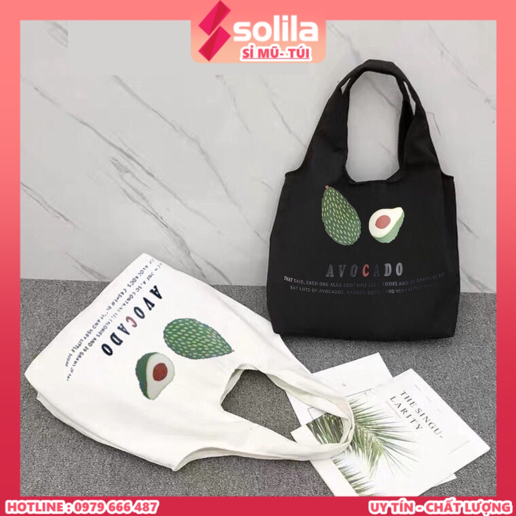 Túi tote vải canvas liền thân không khóa miệng in hình Quả bơ đựng đồ tiện dụng