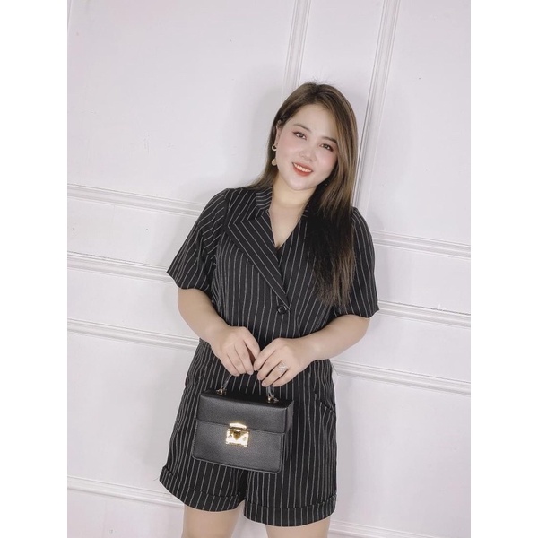 [ Shop bigsize nữ ] Set áo vest croptop phối quần short/đùi chất vải kate sọc #setvestbigsize 60-90kg đen/trắng