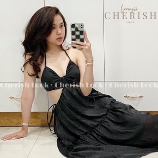 [Sẵn] Đầm Midi Đen 2D Cột Dây Khoét Eo Hở Lưng