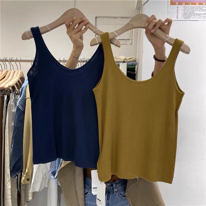 Áo 2 Dây Style Hàn Dáng Cộc Ba Lỗ Chất Len Quảng Châu, Áo 2 dây len trơn vintage dễ phối đồ