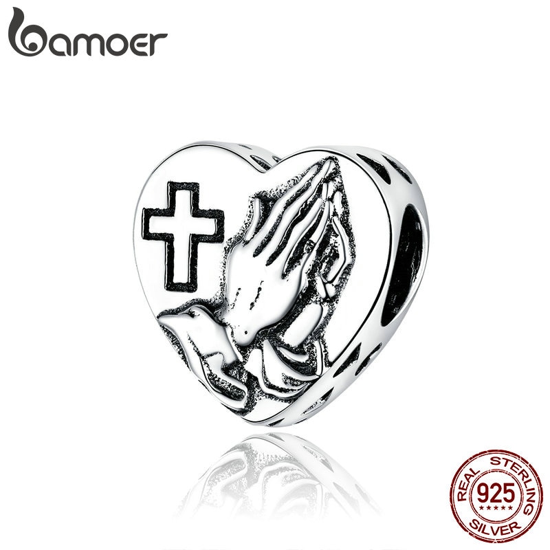 Hạt Xỏ Vòng Tay Bamoer BSC317 Bằng Bạc 925 Kiểu Trái Tim Họa Tiết Bàn Tay Cầu Nguyện Để Làm Trang Sức DIY