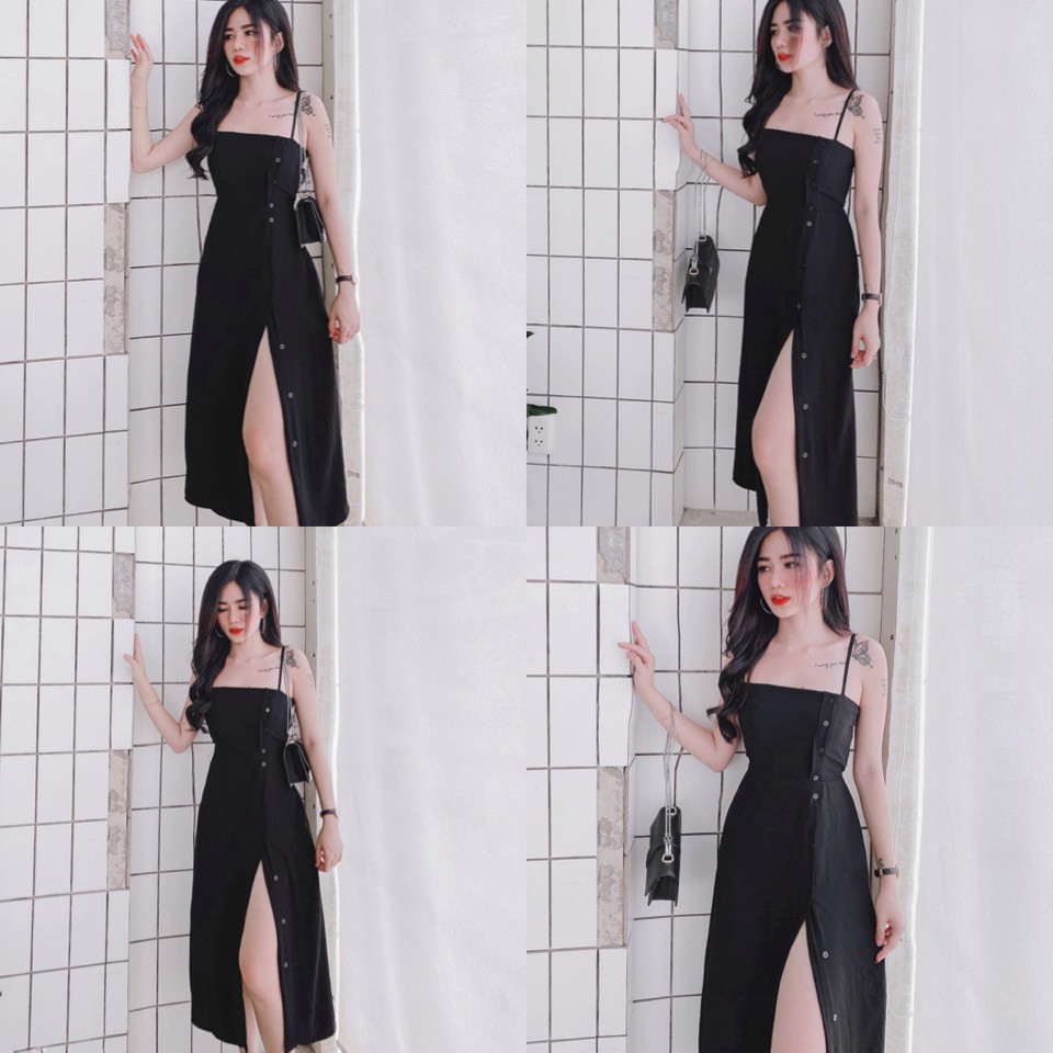 Đầm BamBi dress hai dây màu đen from suông basic vải lụa mịn điểm nhấn hàng nút có chun co giãn và váy có điều chỉnh | BigBuy360 - bigbuy360.vn