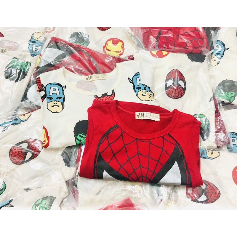 Set 2 áo cotton dài tay nhện đỏ trắng cho bé trai size từ 12-32 cân