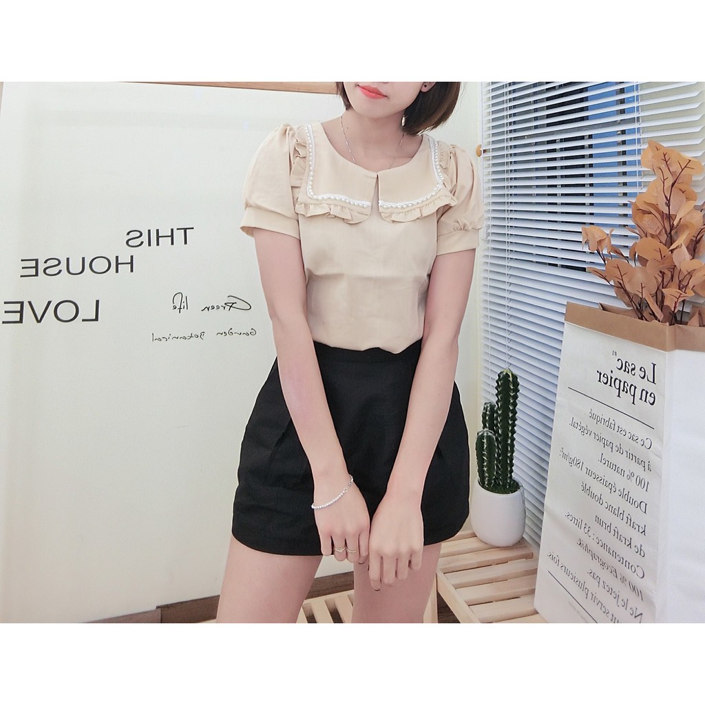 Áo tay cộc cổ thủy thủ đính dây ngọc, vải thô đẹp mềm mát | BigBuy360 - bigbuy360.vn