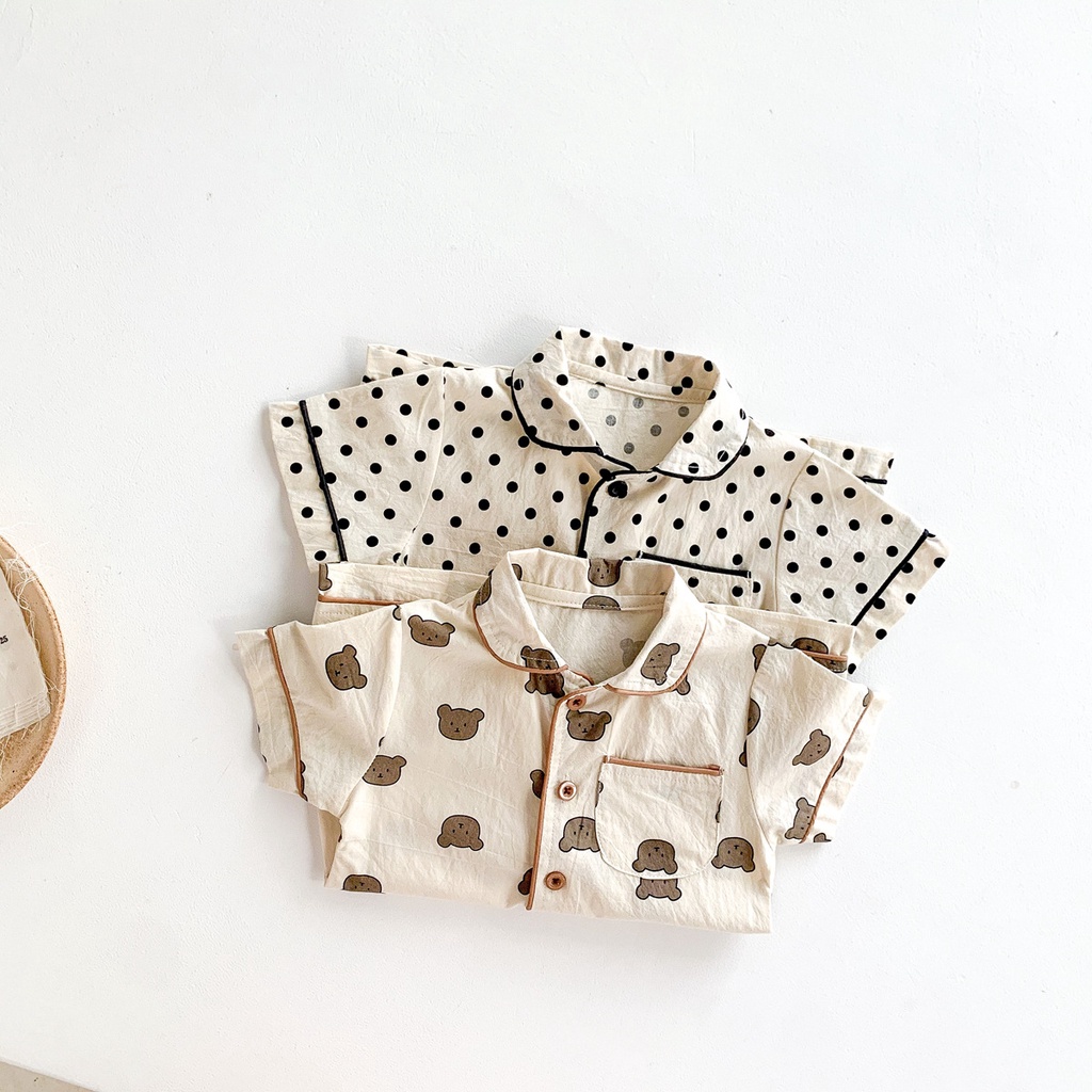 Set đồ ngủ ngắn tay họa tiết chấm bi/ gấu dễ thương cho bé sơ sinh 0-24 tháng tuổi