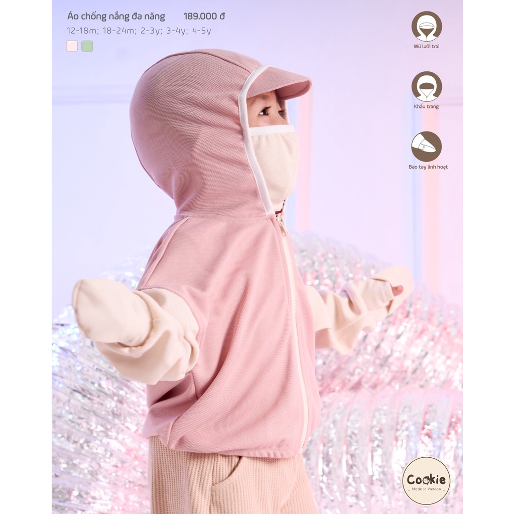 Áo chống nắng đa năng Cookie liền mũ lưỡi trai, khẩu trang, bao tay đóng mở, 100% cotton, size 12 tháng - 5 tuổi