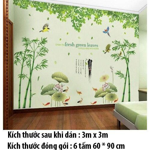 [ Size Lớn ] Decal dán tường kết hợp Rừng lá xanh, trúc và đầm sen AM9104+0779C+XY1097AB