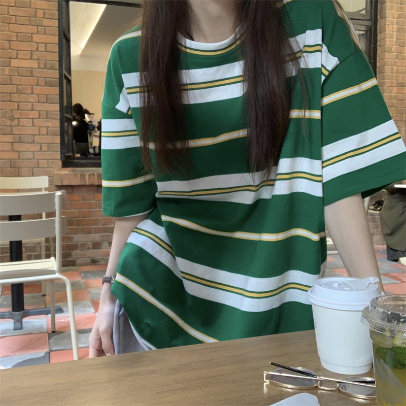 Áo Thun Ngắn Tay Cổ Tròn Dáng Rộng Họa Tiết Kẻ Sọc Phong Cách Retro Thời Trang Mùa Hè Cho Nữ