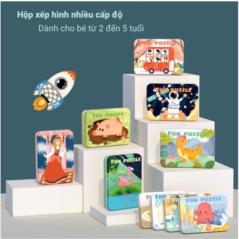 Ghép hình hộp thiéc bằng gỗ 5 cấp độ. 4, 6, 8, 9, 12 miếng.