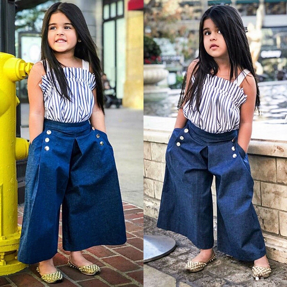 Set Áo Hai Dây Kẻ Sọc Dọc + Quần Denim Ống Rộng Thời Trang Mùa Hè Cho Bé Gái