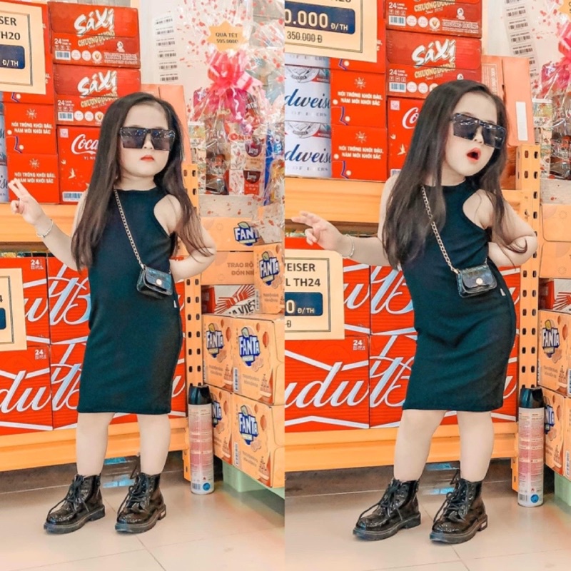 Đầm Body Thun Dáng Ba lổ Cho Bé Gái Chất Liệu Mềm Mại Có Dãn