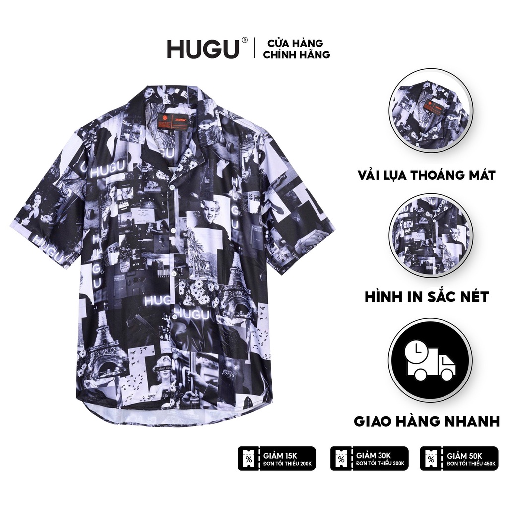 Áo sơ mi tay ngắn HUGU - Black mix pic - chất liệu satin - unisex