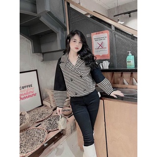 Áo khoác dạ nữ ms.9011 áo khoác dạ cổ vest dáng bomber họa tiết caro tay pha, chất dạ tweed