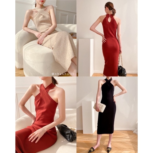 Đầm yếm thun len cổ chéo dáng ôm maxi - D779