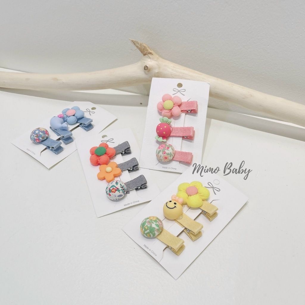 Set 3 kẹp tóc bọc vải gắn hình hoa dễ thương cho bé gái KT33 Mimo Baby