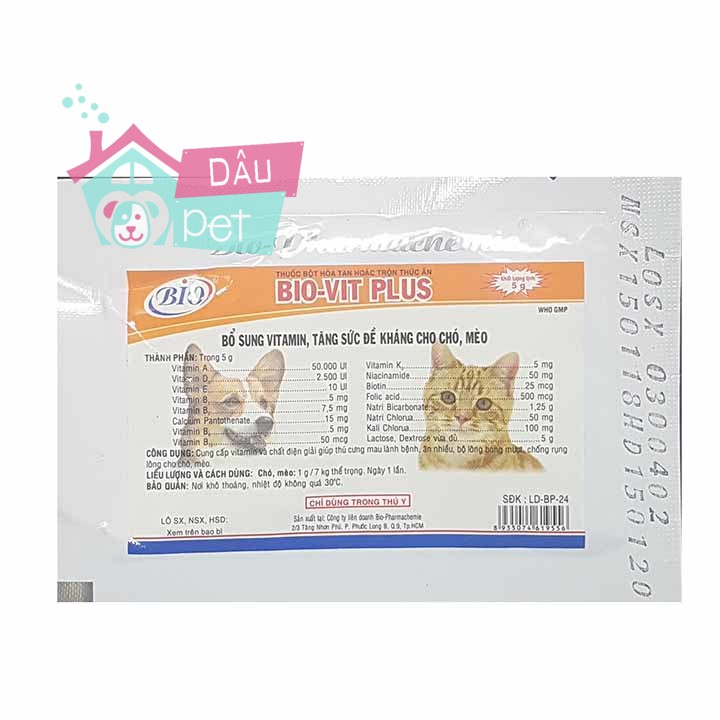 [Mã PET50K giảm Giảm 10% - Tối đa 50K đơn từ 250K] Men bột Bổ Sung Vitamin, Tăng Đề Kháng Cho Chó Mèo Bio-Vit 5g