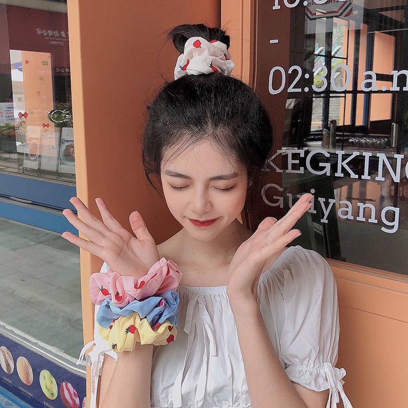Dây Cột Tóc Vải Voan Cỡ Lớn In Họa Tiết Dâu Tây Dễ Thương Phong Cách Hàn Quốc Thời Trang Cho Nữ