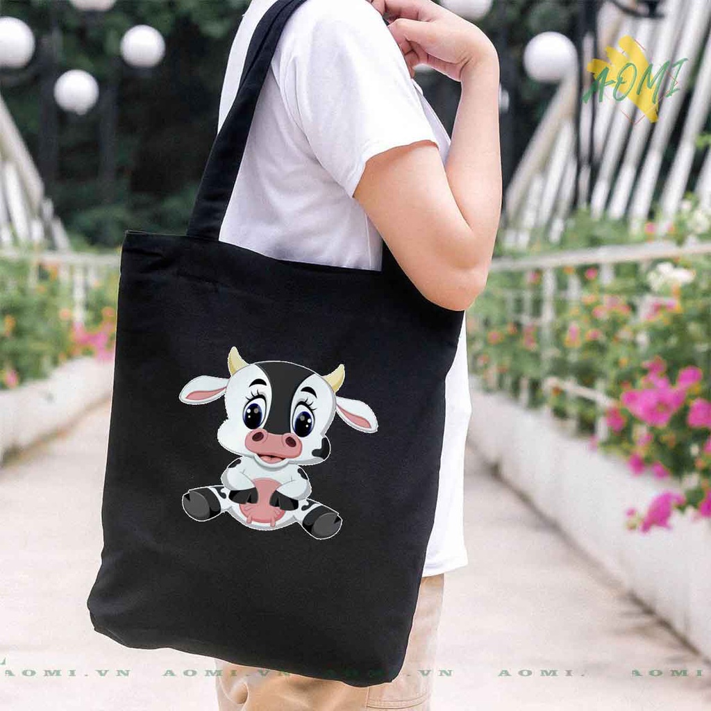TOTE CANVAS bò sữa milk TÚI VẢI ĐEO VAI BAG CÓ KHÓA KÉO SIZE LỚN 33x38cm AOMIVN DU LỊCH DẠO PHỐ