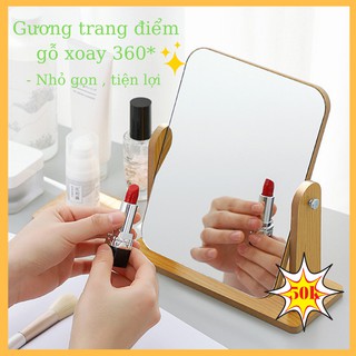 Gương để bàn , gương trang điểm để bàn bằng gỗ bàn xoay 360 độ phong cách Hàn Quốc siêu hót