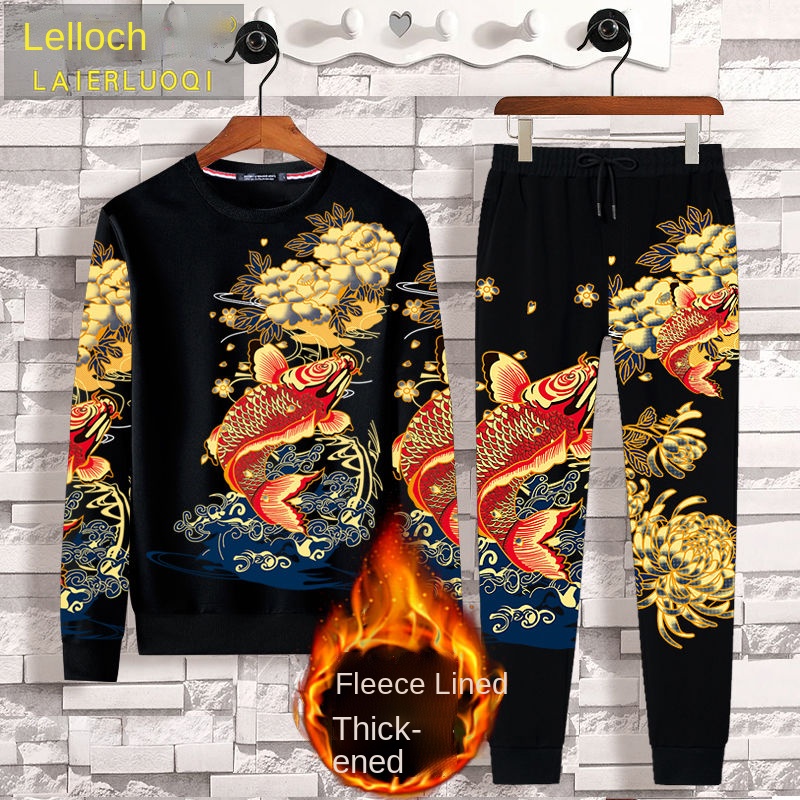 Bộ đồ hai món vải nhung dáng rộng in họa tiết thời trang thu đông cho nam và nữ