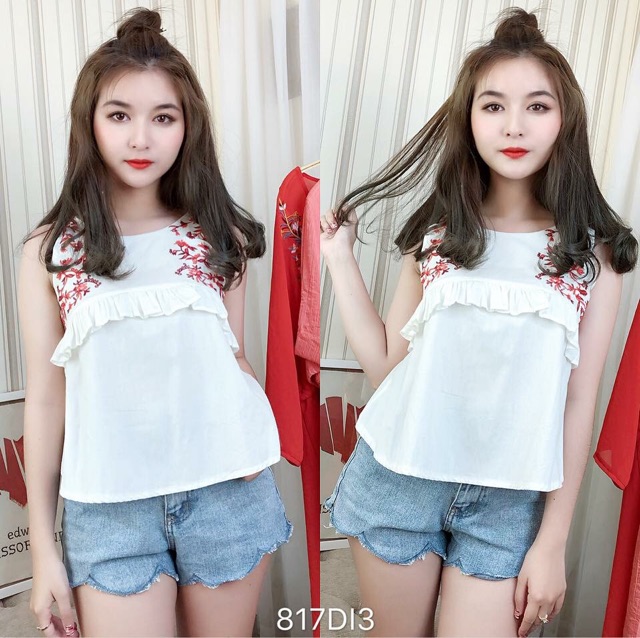 ❌BIG SALE Áo Sát nách thô phối peplum thêu hoa đối xứng phối bèo ngực❌