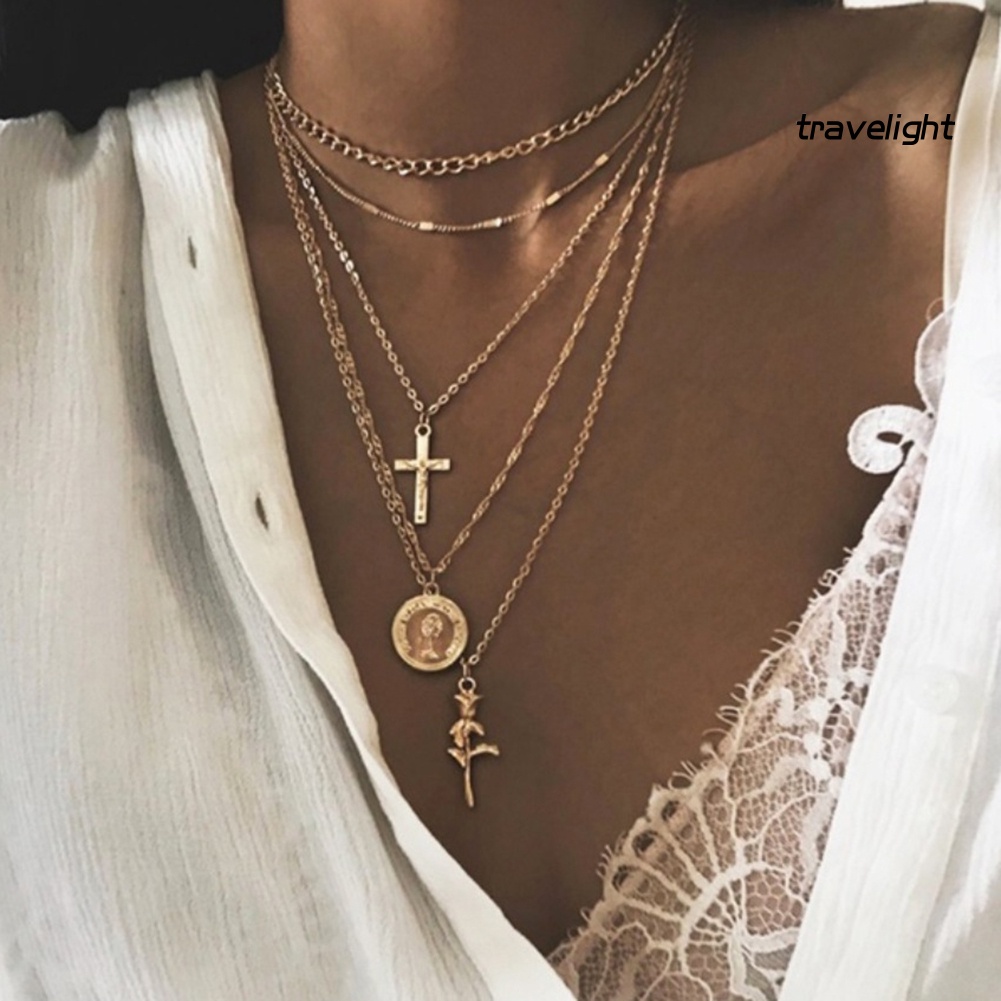 Vòng cổ Nhiều Tầng Mặt Hình Thánh Giá/Hoa Hồng Phong Cách Cổ Điển Cho Nữ
