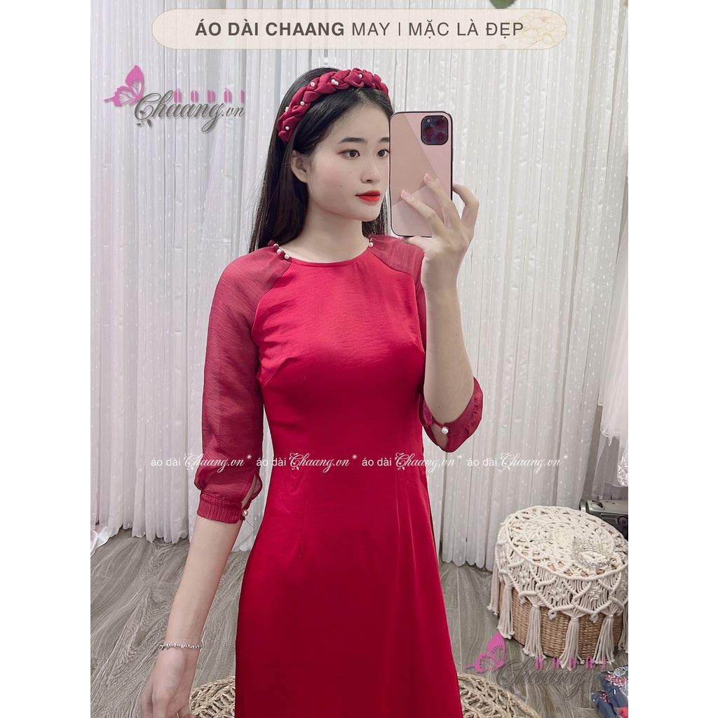Áo Dài Cách Tân Nữ CHAANG May sẵn 2 Tà Tay Tơ Lụa Phối Đỏ Đô Đẹp ACT422