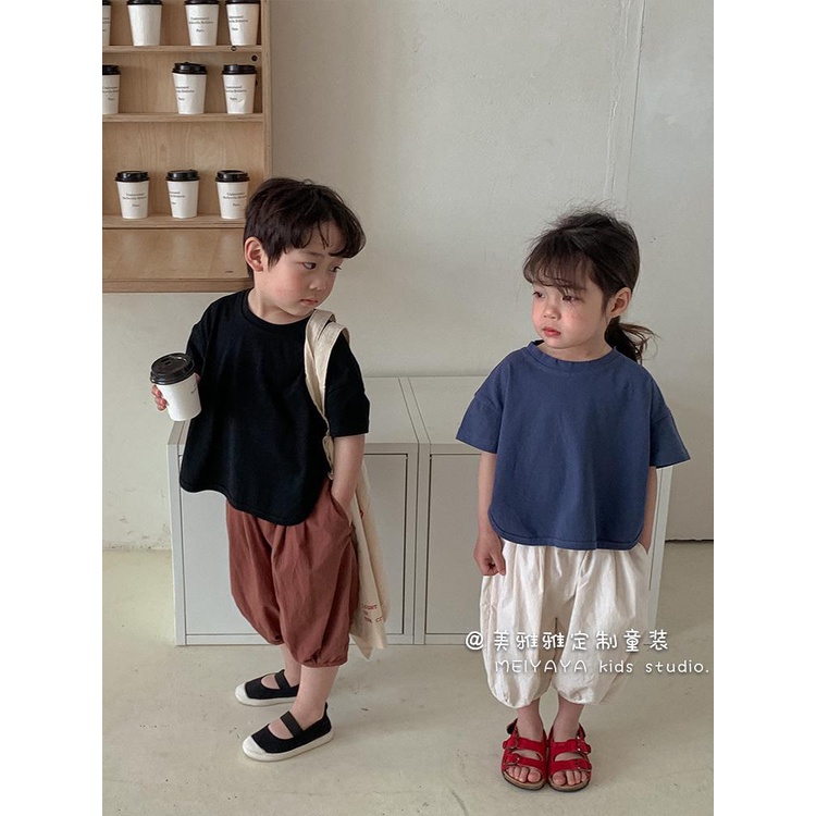 Áo Thun Cotton Trơn Dáng Rộng Tay Cộc Phong Cách Hàn Quốc Nhật Bản Cho Bé Trai Gái