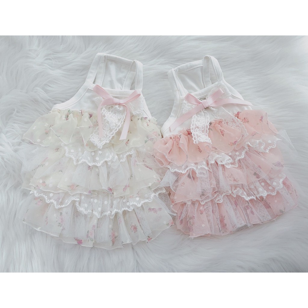 Váy hai dây CAMQUYTSTORE thiết kế voan tầng hoa phối nơ ren cho thú cưng