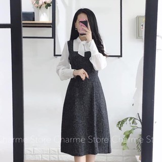 Váy liền cổ nơ phối tay trắng cực xinh hàng thiết kế