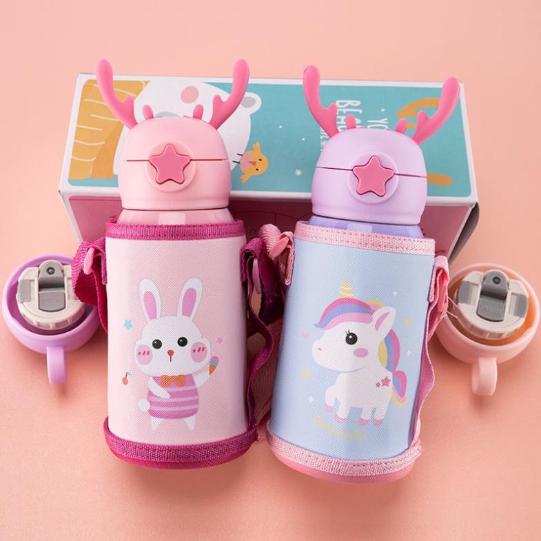 Bình Nước Giữ Nhiệt Inox Cao Cấp Hình Hươu Cute Cho Bé Có Ống Hút