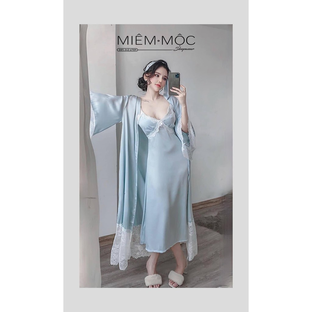 Váy ngủ lụa cao cấp kèm choàng 3 chi tiết xanh mint MIEMMOC chuẩn hàng QCCC - hàng có sẵn ( video+ảnh thật)