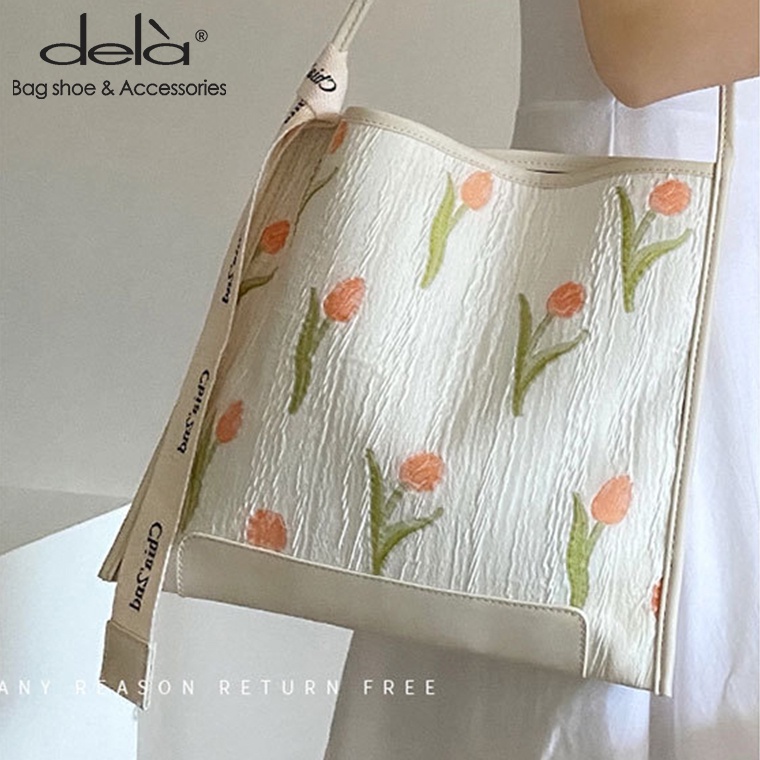 Dela Túi Xách Đeo Vai Vải Bạt In Hoa Tulip Đào Trẻ Trung Thời Trang Mới Mẻ Cho Nữ