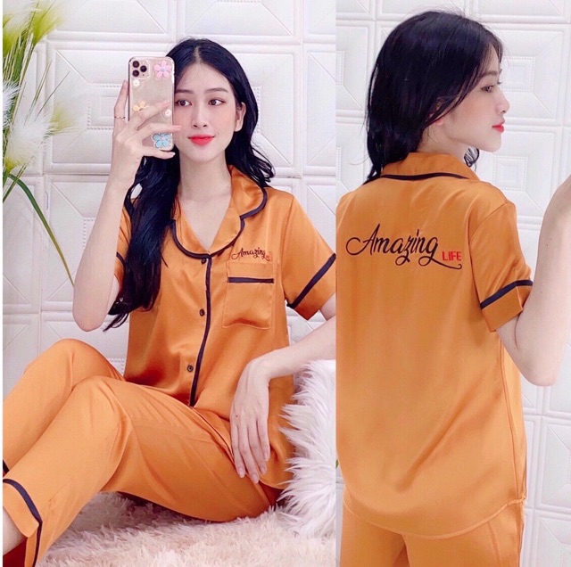 ĐỒ BỘ MẶC NHÀ TAY NGẮN QUẦN DÀI PIJAMA SATIN LỤA  THÊU LƯNG SIÊU ĐẸP