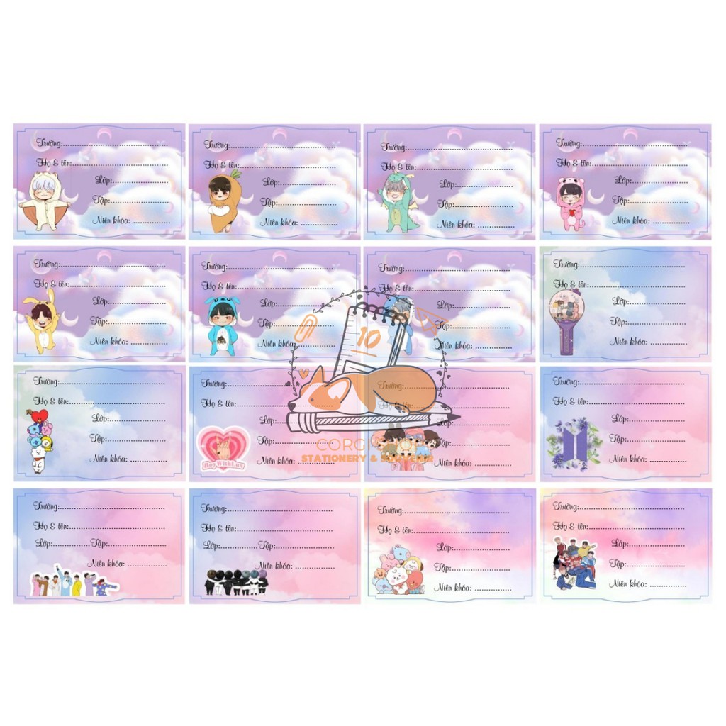 Set 16  nhãn vở hoạt hình Bare Bear, Doraemon, thỏ molang, pokemon (nhãn vở học sinh theo yêu cầu)